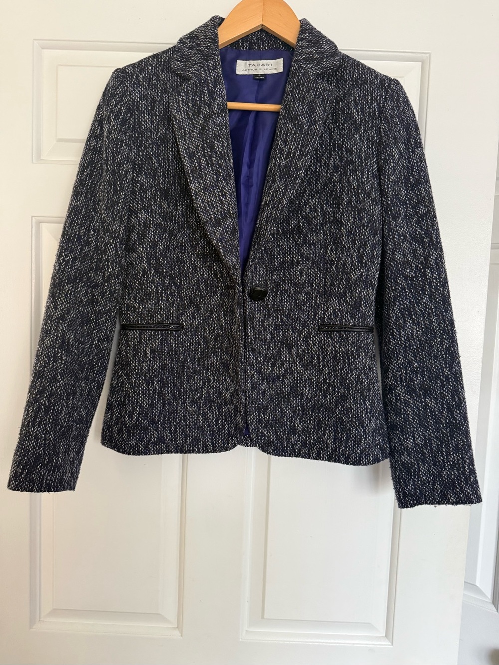 Tahari Navy and White Tweed Single-Button Blazer